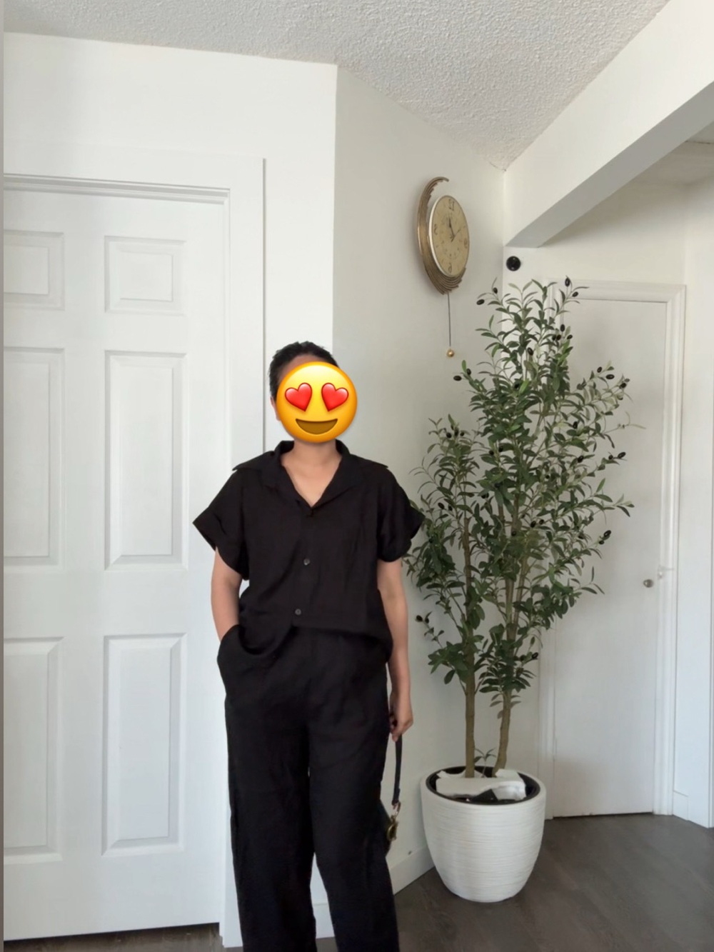 Coord Set- Black Short Sleeve Button Blouse & Pants Set - Picture 2 of 3